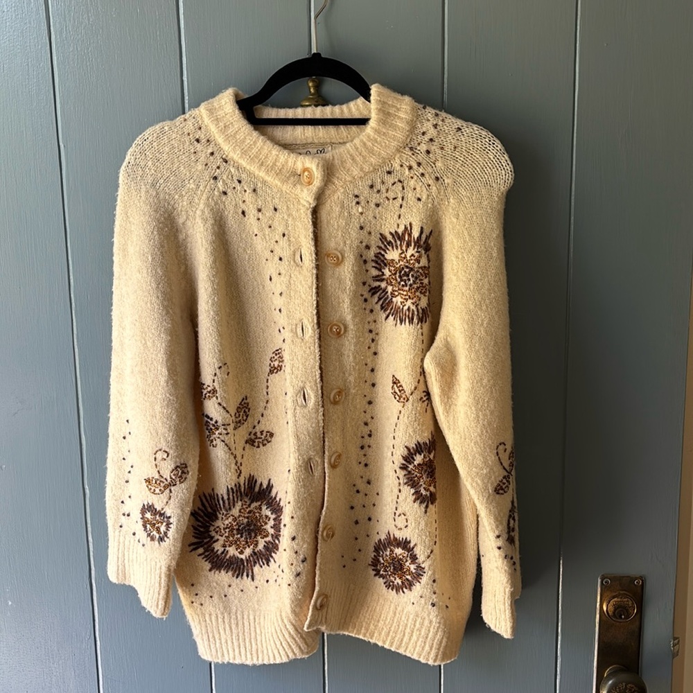 Anthropologie Cream Cardigan w/ embroidery